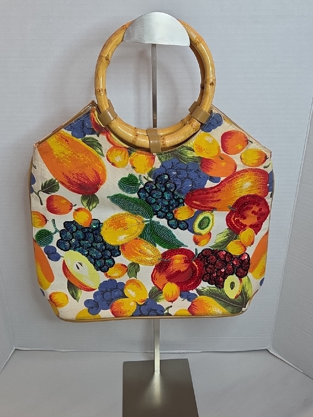Tropical Fruit Print Tote with Bamboo Handles - Cream Multi